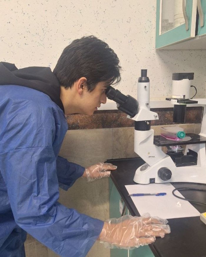 Raman Nafarieh observing cultured cells through an inverted microscope